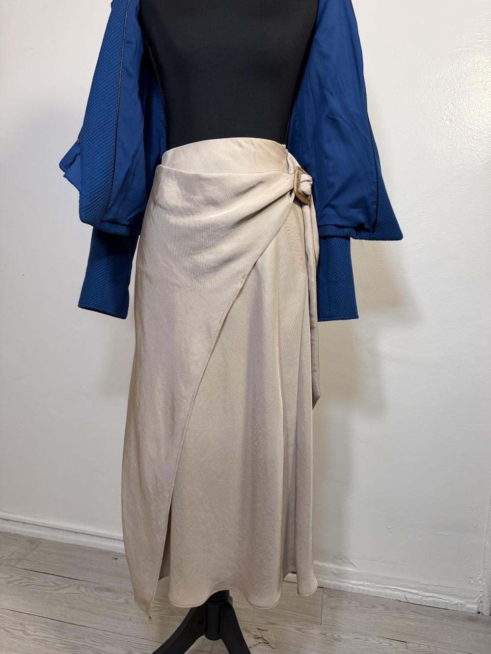 Wrap Satin Midi Skirt in Light Beige
